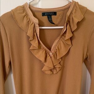 Lauren Ralph Lauren Ruffle V-Neck Long Sleeve Top in Mustard